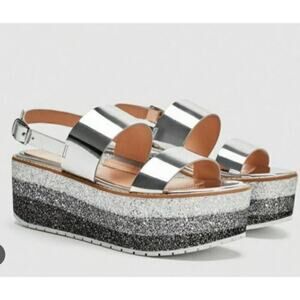 Zara Platform Glitter Wedge Siver Sandals 9